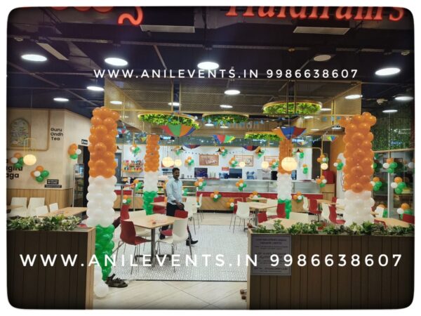 Celebrate Independence Day with Anil Events Bangalore as here is an amazing balloon decoration theme. We have used orange, white and green for Balloon Arch to celebrate Indian Republic/Independence Day to Special Tricolor Balloon Decoration in Schools, Office, Malls. Stores