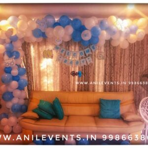 Anil Events Bangalore wishing you congratulations on the new addition to your family, Congratulations on the birth of your new baby, Make their room inviting. Take a look around the child's new bedroom with beautiful Balloons / flowers Celebrate Welcome Baby Decoration with Anil Events Bangalore as here is an amazing balloon decoration theme. We have used White and blue for Balloon Arch to celebrate Welcome Baby Decoration.