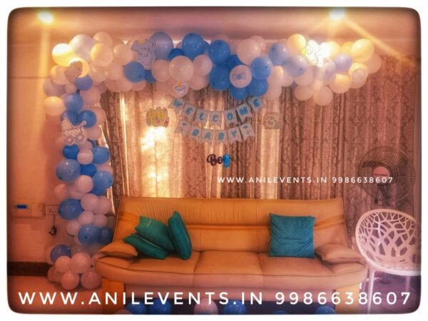 Anil Events Bangalore wishing you congratulations on the new addition to your family, Congratulations on the birth of your new baby, Make their room inviting. Take a look around the child's new bedroom with beautiful Balloons / flowers Celebrate Welcome Baby Decoration with Anil Events Bangalore as here is an amazing balloon decoration theme. We have used White and blue for Balloon Arch to celebrate Welcome Baby Decoration.