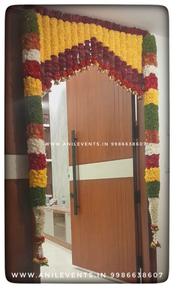 Express love and respect for the divine using flowers. Its significant part of the ritual. They are considered a manifestation of devotional emotion. Shop for the best flower door decorations from our collection of exclusive, customized & handmade Flower garlands for your Main door and Pooja room for any kind of occasions. By Anil Events Bangalore