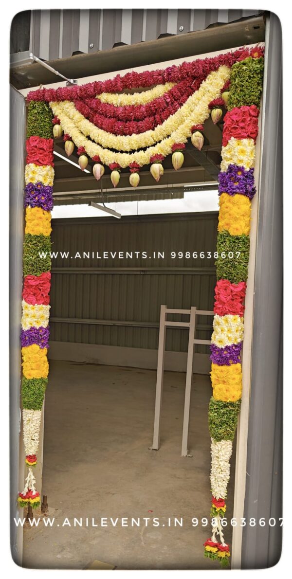 Express love and respect for the divine using flowers. Its significant part of the ritual. They are considered a manifestation of devotional emotion. Shop for the best flower door decorations from our collection of exclusive, customized & handmade Flower garlands for your Main door and Pooja room for any kind of occasions. By Anil Events Bangalore