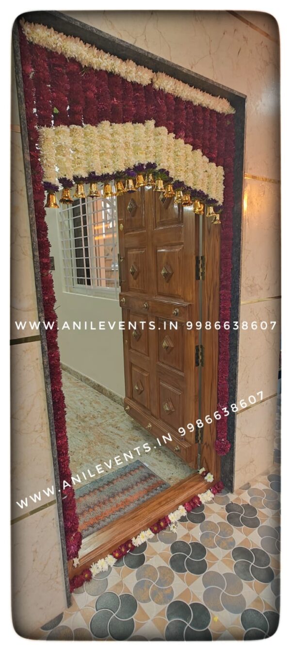 Express love and respect for the divine using flowers. Its significant part of the ritual. They are considered a manifestation of devotional emotion. Shop for the best flower door decorations from our collection of exclusive, customized & handmade Flower garlands for your Main door and Pooja room for any kind of occasions. By Anil Events Bangalore