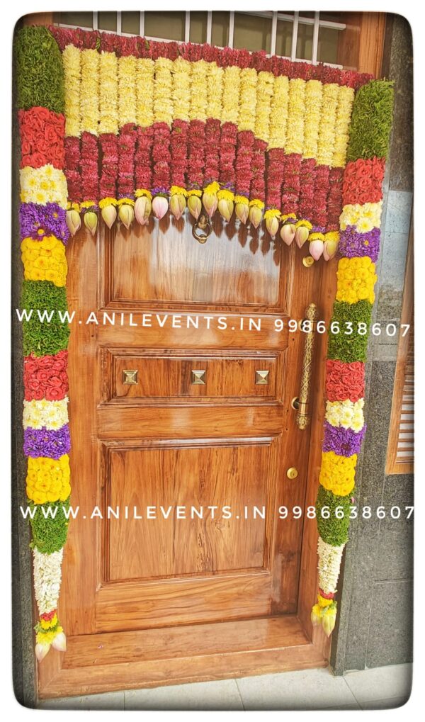 Express love and respect for the divine using flowers. Its significant part of the ritual. They are considered a manifestation of devotional emotion. Shop for the best flower door decorations from our collection of exclusive, customized & handmade Flower garlands for your Main door and Pooja room for any kind of occasions. By Anil Events Bangalore Shamanthige flower / Chrysanthemum and Marigold flowers are most popular and beautiful flowers of all time used to decorate homes. They come in a wide range of colours and varieties, so there is sure to be a type that will fit perfectly into any space