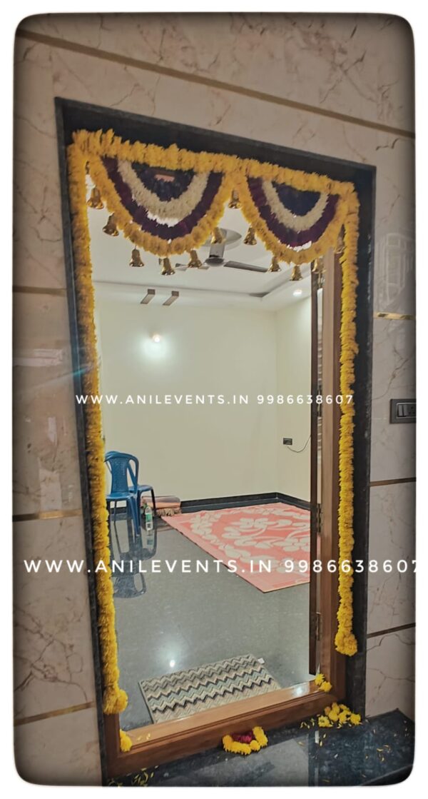 Express love and respect for the divine using flowers. Its significant part of the ritual. They are considered a manifestation of devotional emotion. Shop for the best flower door decorations from our collection of exclusive, customized & handmade Flower garlands for your Main door and Pooja room for any kind of occasions. By Anil Events Bangalore