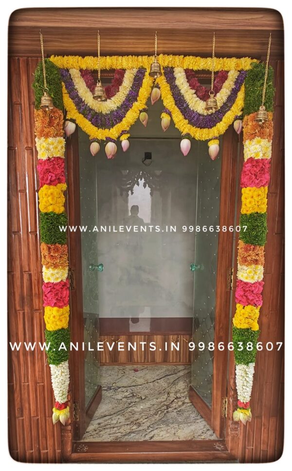 Express love and respect for the divine using flowers. Its significant part of the ritual. They are considered a manifestation of devotional emotion. Shop for the best flower door decorations from our collection of exclusive, customized & handmade Flower garlands for your Main door and Pooja room for any kind of occasions. By Anil Events Bangalore