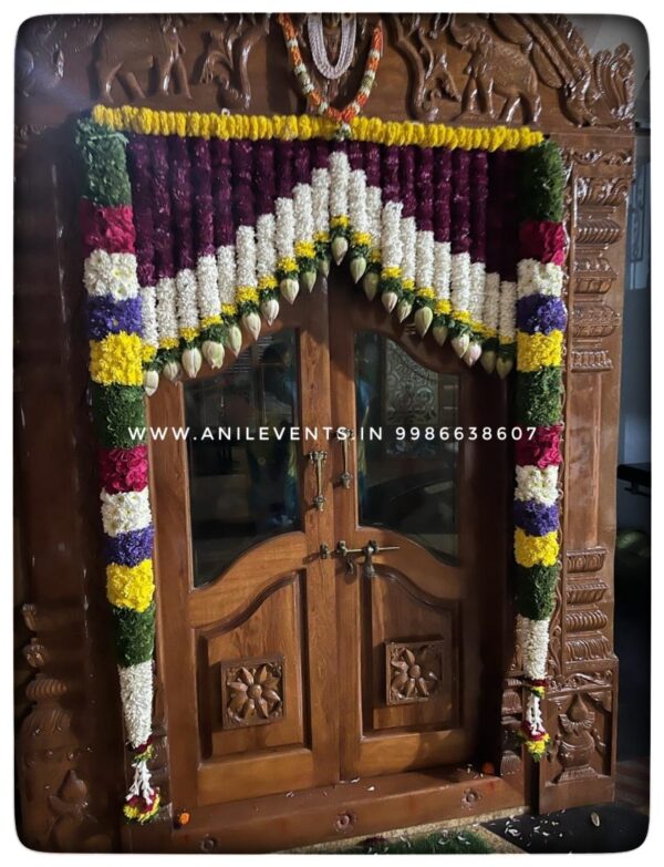 Express love and respect for the divine using flowers. Its significant part of the ritual. They are considered a manifestation of devotional emotion. Shop for the best flower door decorations from our collection of exclusive, customized & handmade Flower garlands for your Main door and Pooja room for any kind of occasions. By Anil Events Bangalore Shamanthige flower / Chrysanthemum and Marigold flowers are most popular and beautiful flowers of all time used to decorate homes. They come in a wide range of colours and varieties, so there is sure to be a type that will fit perfectly into any space