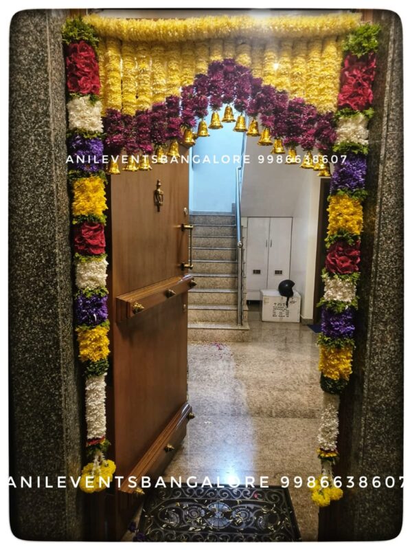 Express love and respect for the divine using flowers. Its significant part of the ritual. They are considered a manifestation of devotional emotion. Shop for the best flower door decorations from our collection of exclusive, customized & handmade Flower garlands for your Main door and Pooja room for any kind of occasions. By Anil Events Bangalore Shamanthige flower / Chrysanthemum and Marigold flowers are most popular and beautiful flowers of all time used to decorate homes. They come in a wide range of colours and varieties, so there is sure to be a type that will fit perfectly into any space