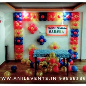 Simple balloon decoration for birthday at home can be done. We use different techniques like inflating the balloons and tie them with colorful ribbons and strategically place them around the party area, offer same-day balloon decoration services to help you celebrate special occasions choose classy options such as balloon garlands, beautiful flowers, or arches for your kids and adult balloon decorations Balloon decoration with 200 balloons for Birthday, Anniversary and Office Decoration, Surprise your loved ones with a Beautiful Decoration you get 200 Balloons of your choice of colours & ribbons by Anil Events Bangalore.