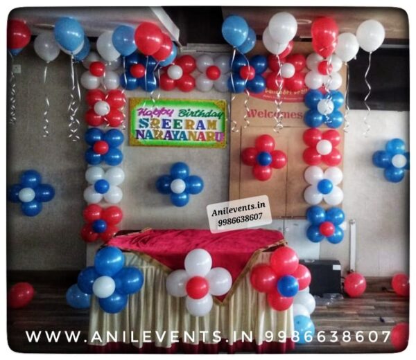 Simple balloon decoration for birthday at home can be done. We use different techniques like inflating the balloons and tie them with colorful ribbons and strategically place them around the party area, offer same-day balloon decoration services to help you celebrate special occasions choose classy options such as balloon garlands, beautiful flowers, or arches for your kids and adult balloon decorations Balloon decoration with 200 balloons for Birthday, Anniversary and Office Decoration, Surprise your loved ones with a Beautiful Decoration you get 200 Balloons of your choice of colours & ribbons by Anil Events Bangalore.